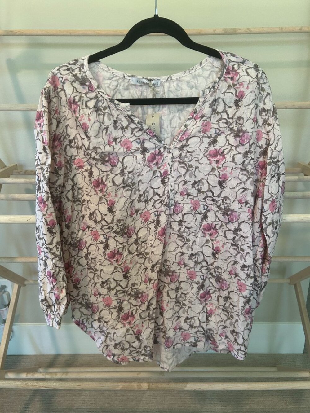 NWT Cut Loose Linen Henley Top XL Rosalie Floral Pink Grey Lagenlook Blouse